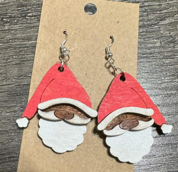 Multicultural Santa Earrings, Custom Wood Holiday Jewelry