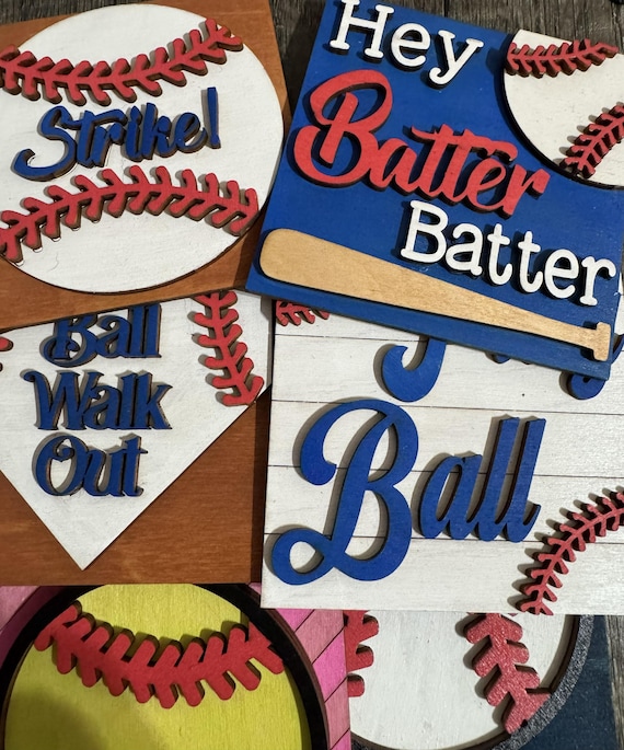 Hand‑Painted Baseball Wood Tile Set - Mix and Match, Tiered Tray Decor