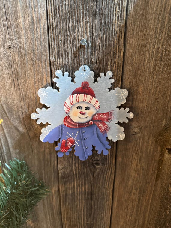 Large Snowflake Ornament with Hand-Painted Snowman