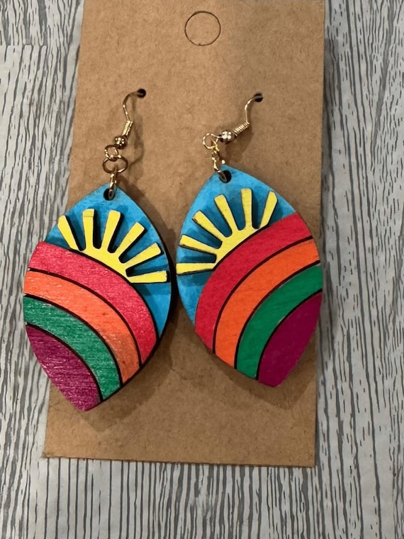 Rainbow and Sun Wood Earrings - Options Available