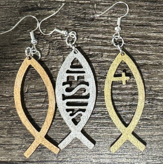 Christian Fish Earrings • Handmade Wood Faith Jewelry • Jesus and Cross Gift Set Options