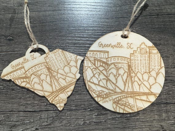 Greenville, South Carolina (SC) Liberty Bridge Hand-drawn Wood Ornament * Featuring Ashley Brickner Artwork