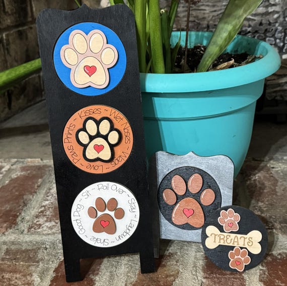 Handmade Dog Paw and Treats Round Tiles • Interchangeable Round Plaques • Bright Seasonal Decor for Tiered Trays