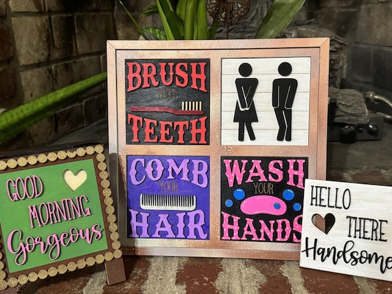 Hand‑Painted Bathroom Mini Signs – Funny Grooming Decor, Morning Greeting Shelf Art, Tiered Tray Accents