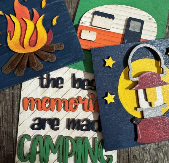 Hand‑Painted Camping Wood Tile Set – Mix and Match, Outdoor Adventure Decor