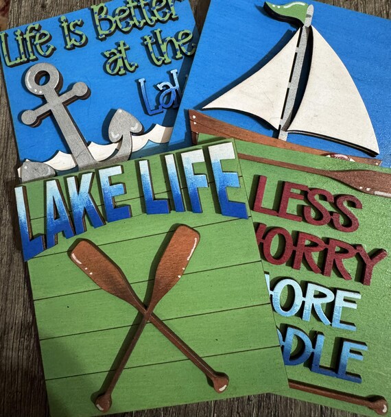 Hand‑Painted Lake Life Wood Tile Set - Mix and Match, Tiered Tray Decor