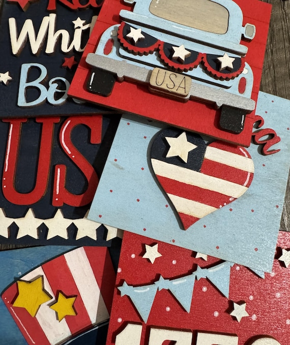 Hand Painted Patriotic Tiles • Interchangeable Wood Inserts for Frames • Americana Decor Set