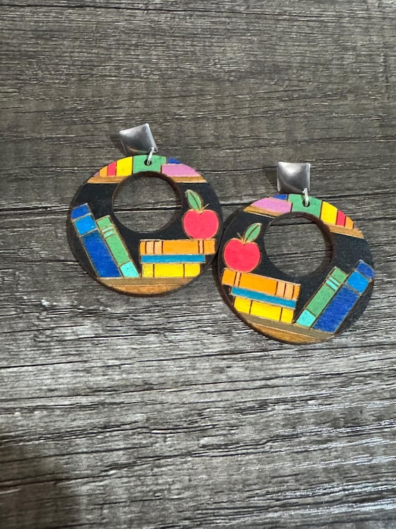 Reading Themed Earrings with an Apple - Large Circle - Options Available