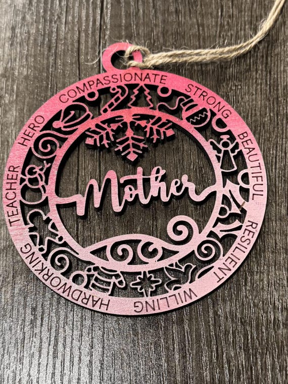 Mother, Mom, Mum Ornament with Engraved Christmas Symbols