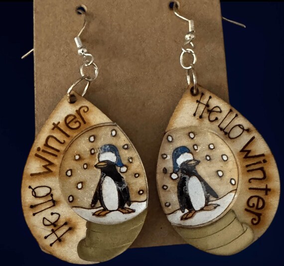 Penguin in Snowglobe with Hello Winter Engraved Earrings * Customizations & Personalizations Available