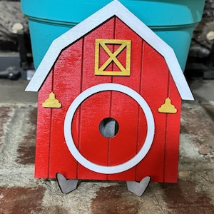 Barn Shaped Frame with Choice of Window, Hi, or Hello * 3" Round Opening * Handmade * Interchangeable Frame