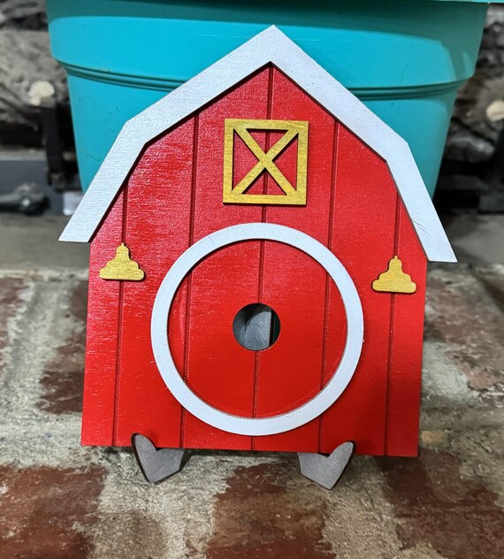 Barn Shaped Frame with Choice of Window, Hi, or Hello * 3" Round Opening * Handmade * Interchangeable Frame