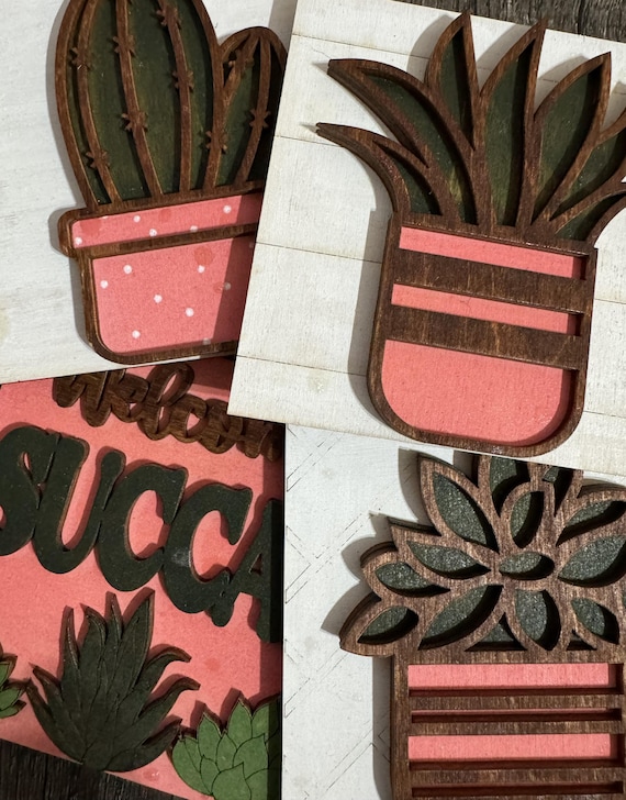 Hand-Painted Succulent Wood Tile - Mini Plant Shelf Decor