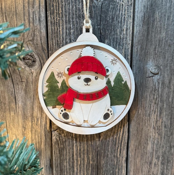 Hand-Painted Polar Bear Christmas Ornament, Wooden Bear Decor