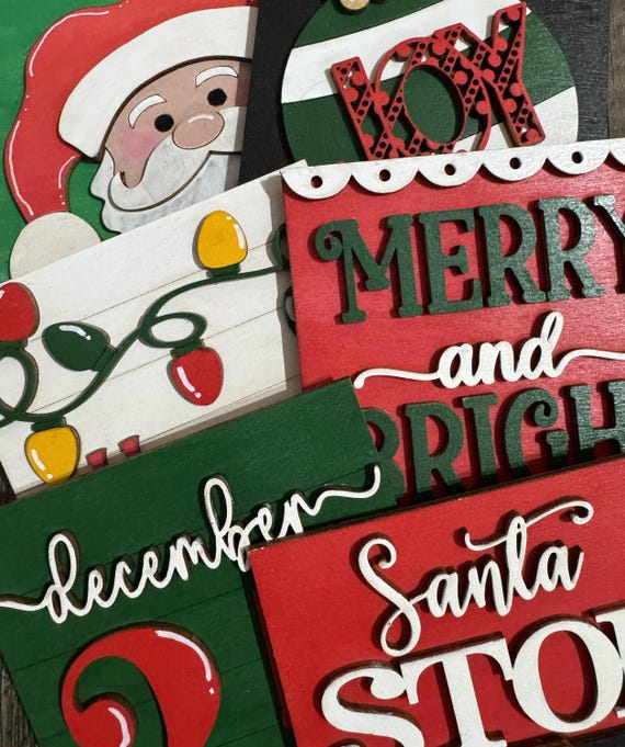 Hand Painted Christmas Tiles • Interchangeable Wood Inserts for Frames • Santa Holiday Decor Set