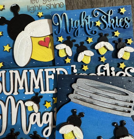 Hand-Painted Fireflies Wooden Tile Set – Summer Night Decor