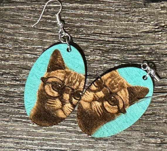 Cat Earrings • Whimsical Glasses Cat Portrait Jewelry • Handmade Animal Lover Gift