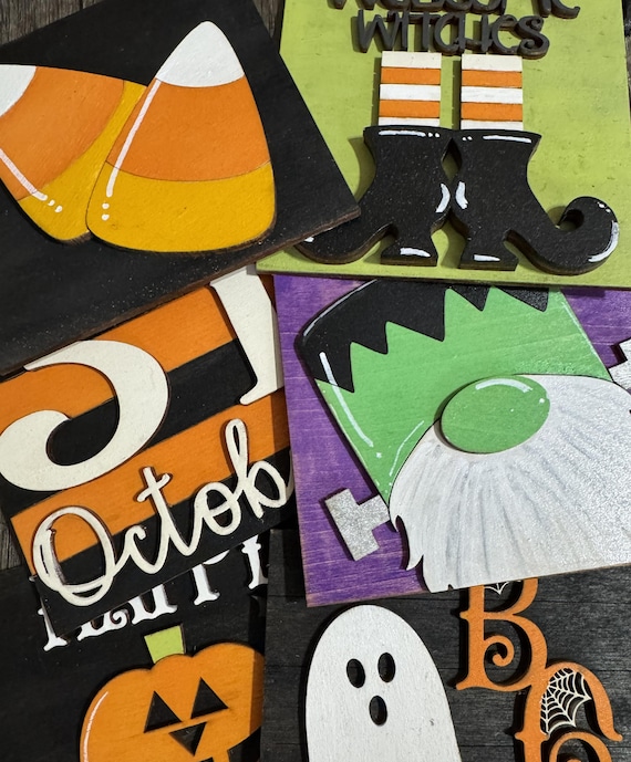 Hand Painted Halloween Tile Inserts • Spooky Interchangeable Decor