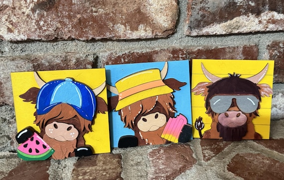 Hand Painted Summer Highland Cow Themed Tiles • Interchangeable Wood Inserts for Frames • Beachy Home Decor