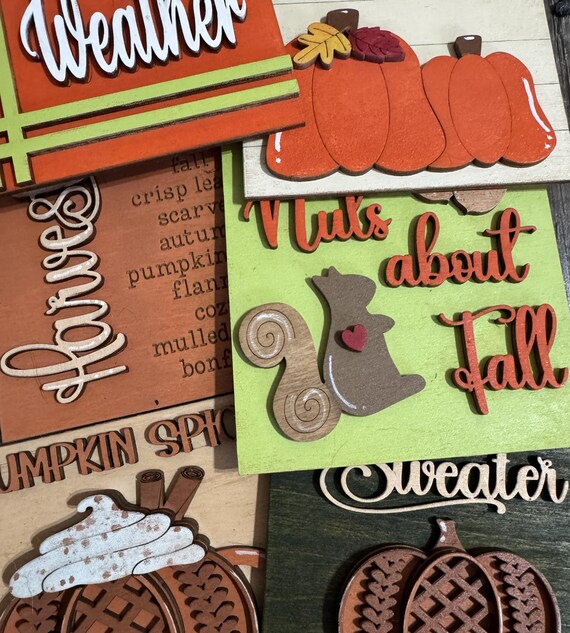 Hand Painted Fall Tiles • Interchangeable Wood Inserts for Frames • Cozy Autumn Decor Set
