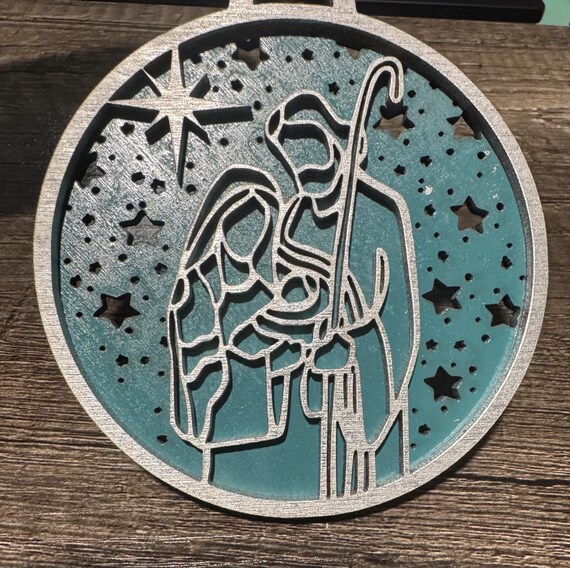 Nativity Scene Engraved Ornament with Starry Background