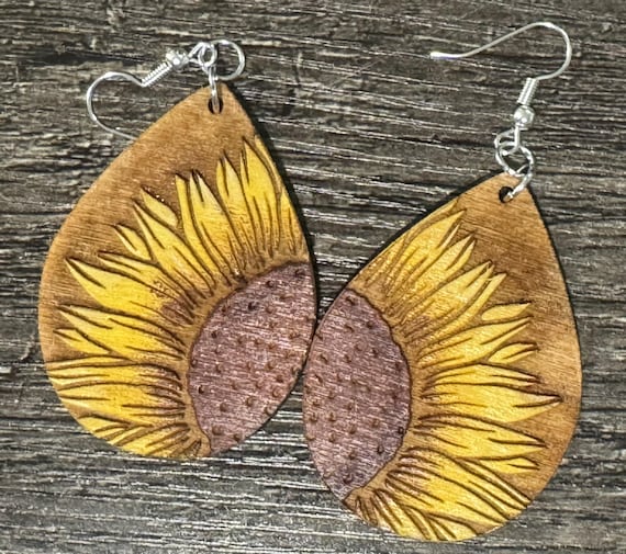 Handmade Sunflower Teardrop Earrings • Rustic Wood Floral Jewelry