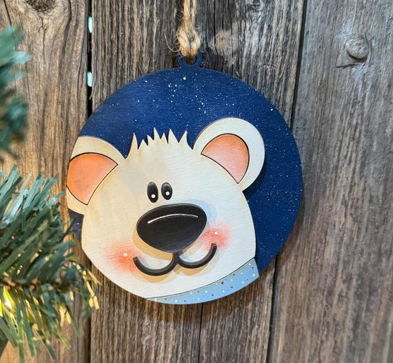 Hand-Painted Bear Face Christmas Ornament, Wooden