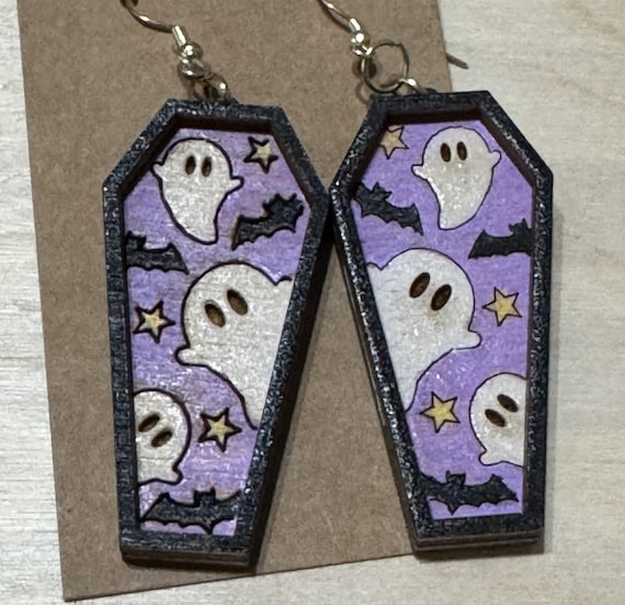 Coffin Shaped Halloween Earrings featuring Ghosts and Bats