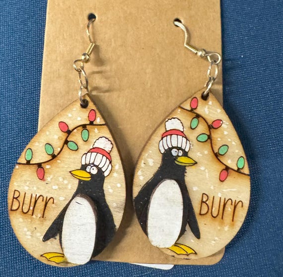 Penguin with Lights and Burr Engraved Earrings * Customizations & Personalizations Available