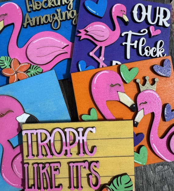Hand Painted Flamingo Tiles • Interchangeable Wood Inserts for Frames • Tropical Summer Decor