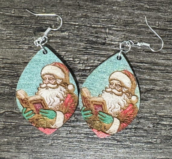 Santa Reading Earrings • Handmade Christmas Teardrop Jewelry