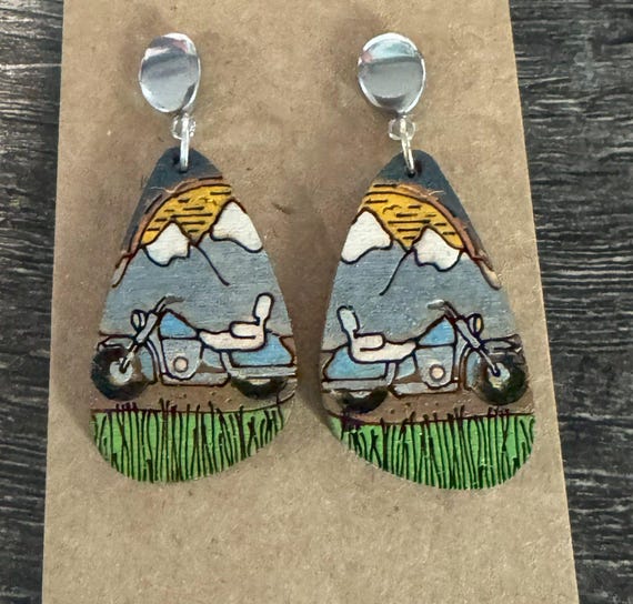 Motorcyle on a Dirt Road in the Mountains Earrings - Options Available