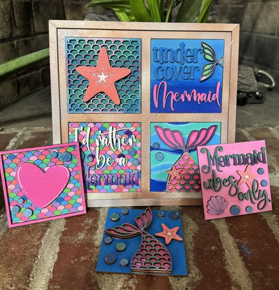 Hand‑Painted Mermaid Mini Signs – Beach & Ocean Decor, Tiered Tray Accents, Whimsical Coastal Shelf Art