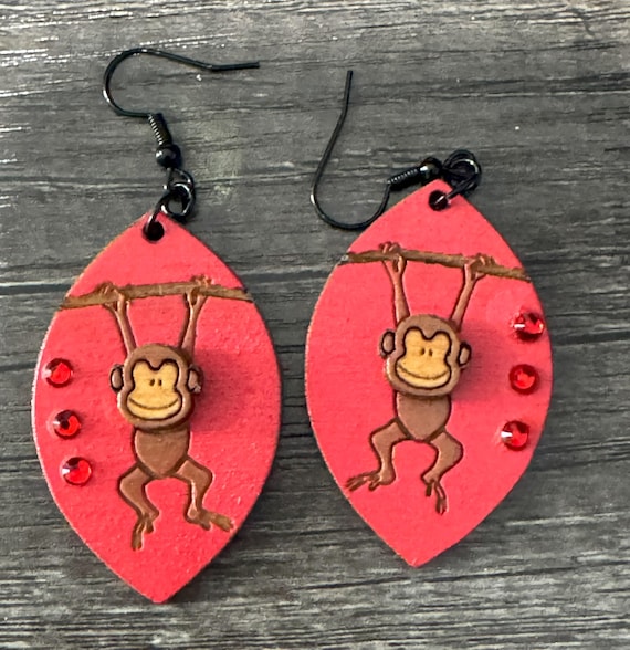 Handmade Monkey Teardrop Earrings • Lightweight Wood Animal Jewelry