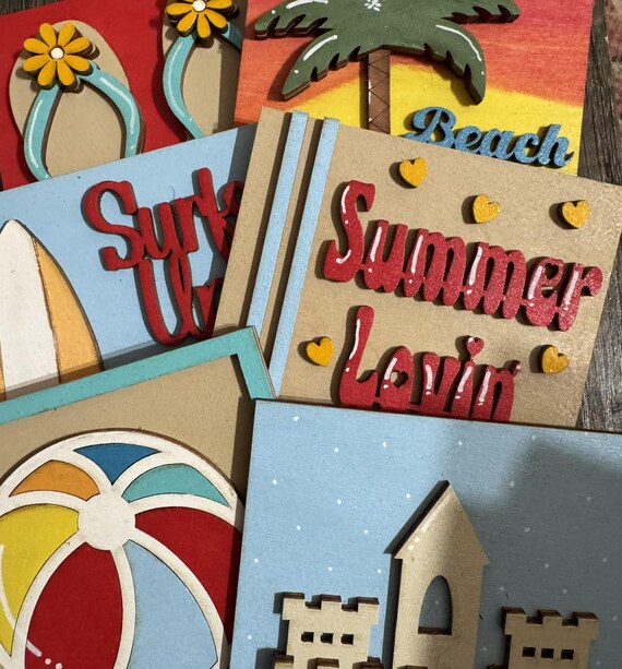 Hand Painted Summer Tiles • Interchangeable Wood Inserts for Frames • Beachy Home Decor
