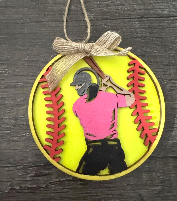 Customizable Softball Player Ornament: Baltic Birch Wood Car Tag