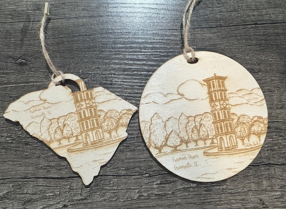 Furman Tower, Greenville, SC -  Hand-drawn Wood Ornament * Featuring Ashley Brickner Artwork