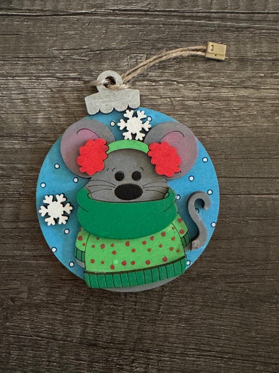 Mouse with Ear Muffs Wood Layered Christmas Ornament - In Stock and Custom Options Available