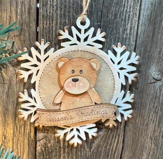 Christmas Character Ornament, Wood Snowflake, Bear Penguin Gingerbread