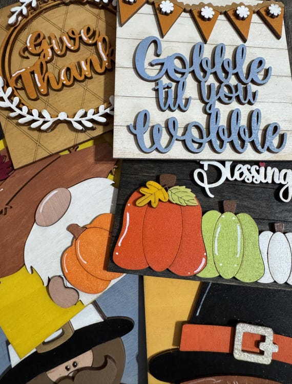 Hand Painted Thanksgiving Tiles • Interchangeable Wood Inserts for Frames • Fall Harvest Decor