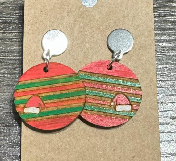Circle Striped Earrings with Small Santa Hat * Customizable Wood Earrings