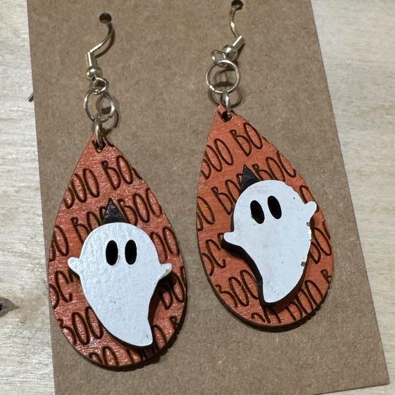 Ghost Earrings with "Boo" Engraved Background