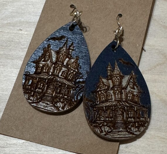 Engraved Haunted House Earrings