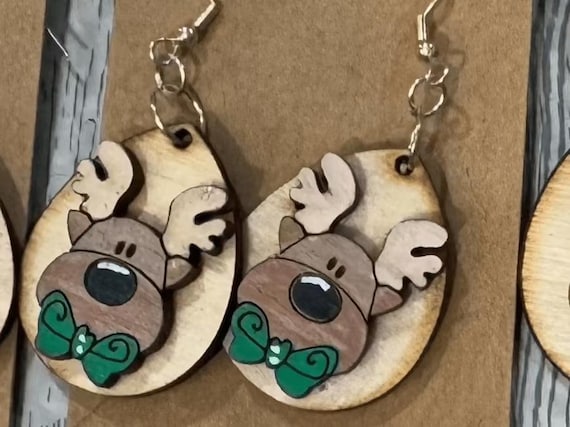 Reindeer with Bowtie Earrings * Wood Hand-Painted * Options Available