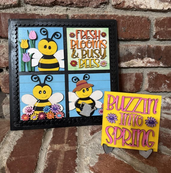 Bee & Flower Themed Spring Tile Set – Hand‑Painted 4.25” Wooden Tiles