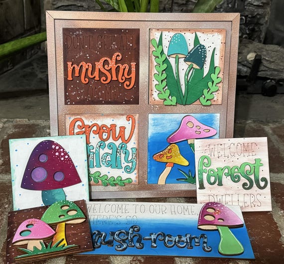 Forest Mushroom Hand-Painted Wood Tiles