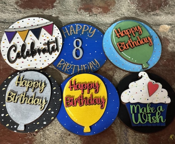 Hand‑Painted Birthday Mini Rounds – Celebrate Sign Set, Party Tiered Tray Decor, Cupcake & Balloon Accents