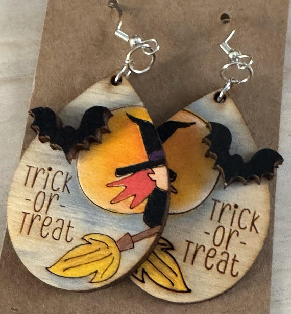 Witch on a Broom Earrings with "Trick or Treat" Engraved