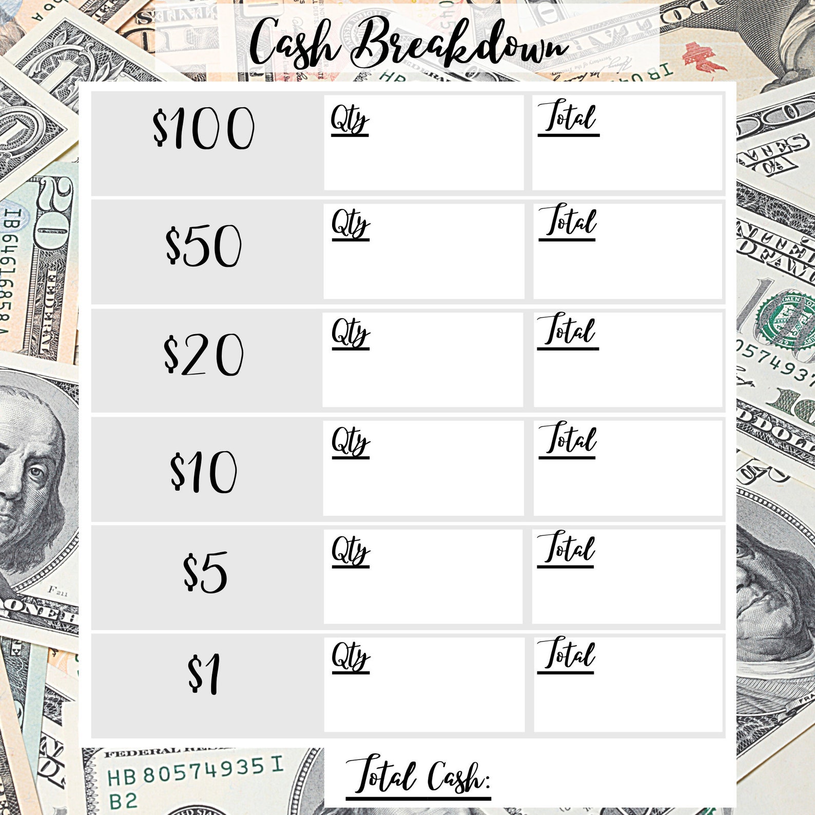 Cash Breakdown Forms W/ MONEY Background 8.5 X 11 Sheet - Etsy