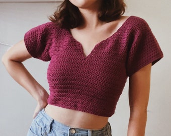 Patroon gehaakte crop-top, V-hals, korte mouw (pdf-patroon)